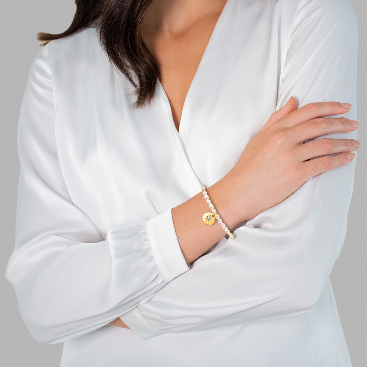 Armband Metall Zirkonia Süßwasser-Zuchtperle in Gelbgold