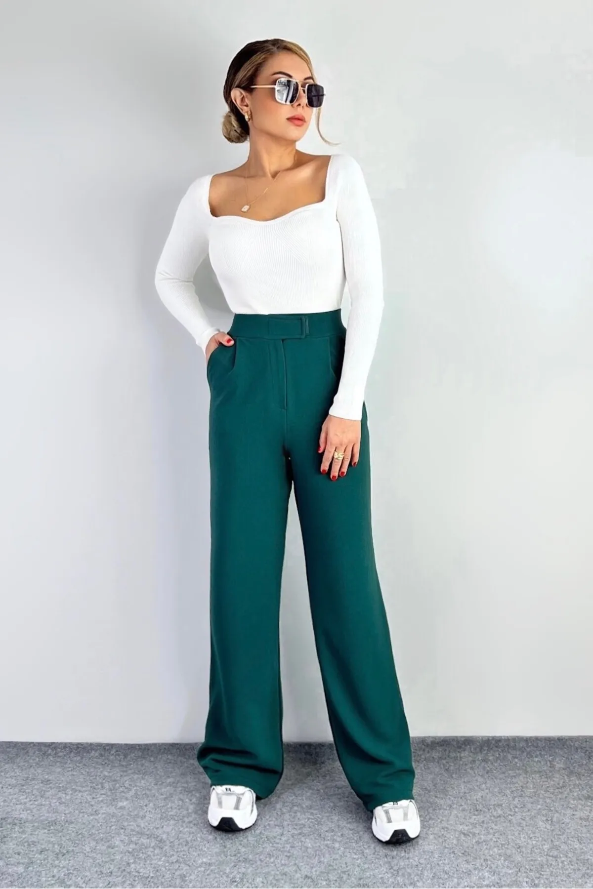 Ritnice  Line Lycra-Palazzohose für Damen mit Klettverschluss, smaragdgrün