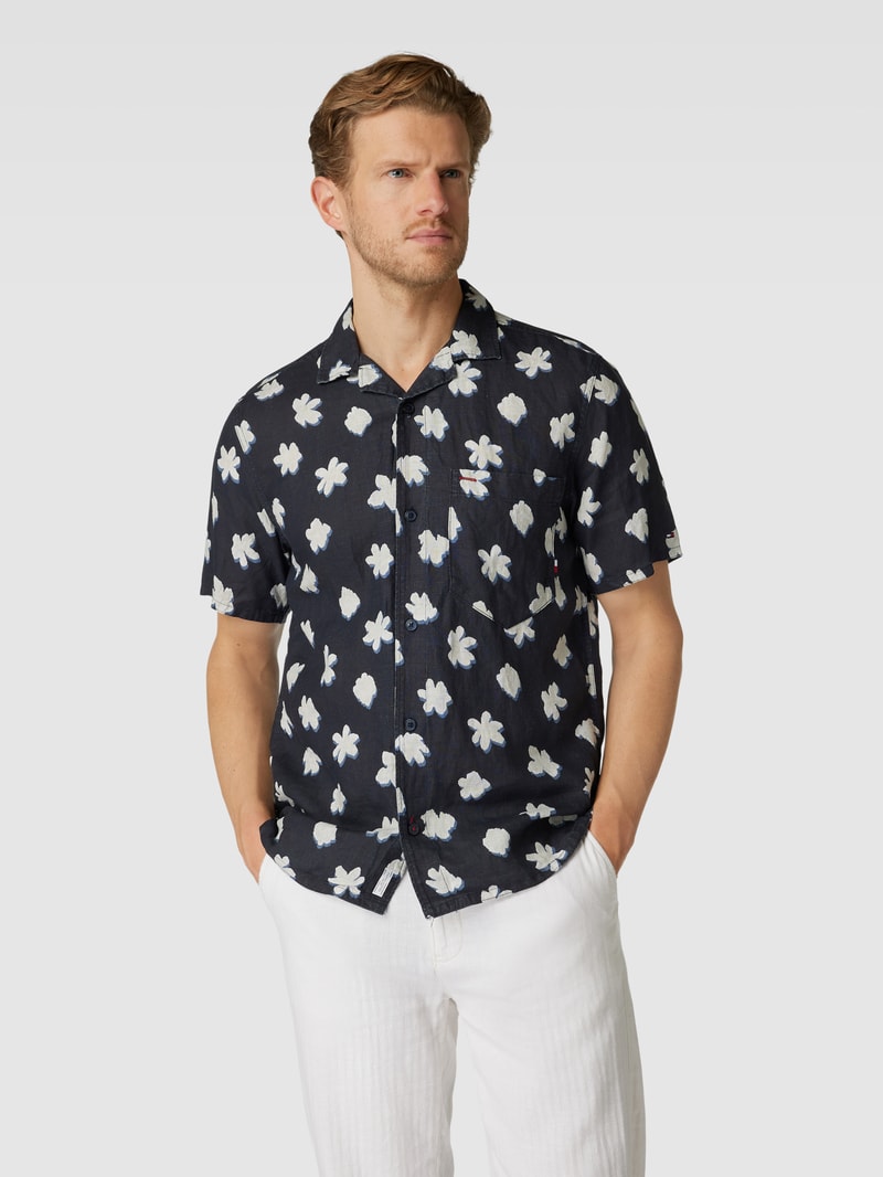 Leinenhemd mit floralem Allover-Muster Modell 'MONO FLOWER' in marineblau