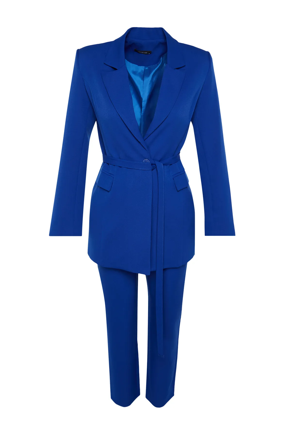 Trendyol Modest  Blauer Anzug aus Crêpe mit Schnürung, detailliertem Futter, Jacke und Hose aus gewebtem Unterteil und Oberteil TCTSS23US00044
