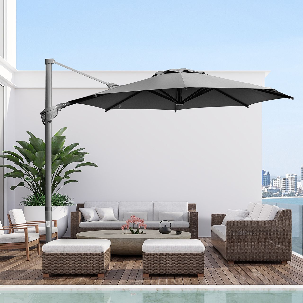 Outsunny Sonnenschirm Ø298 cm Kurbelschirm Ampelschirm Winkel verstellbar Grau