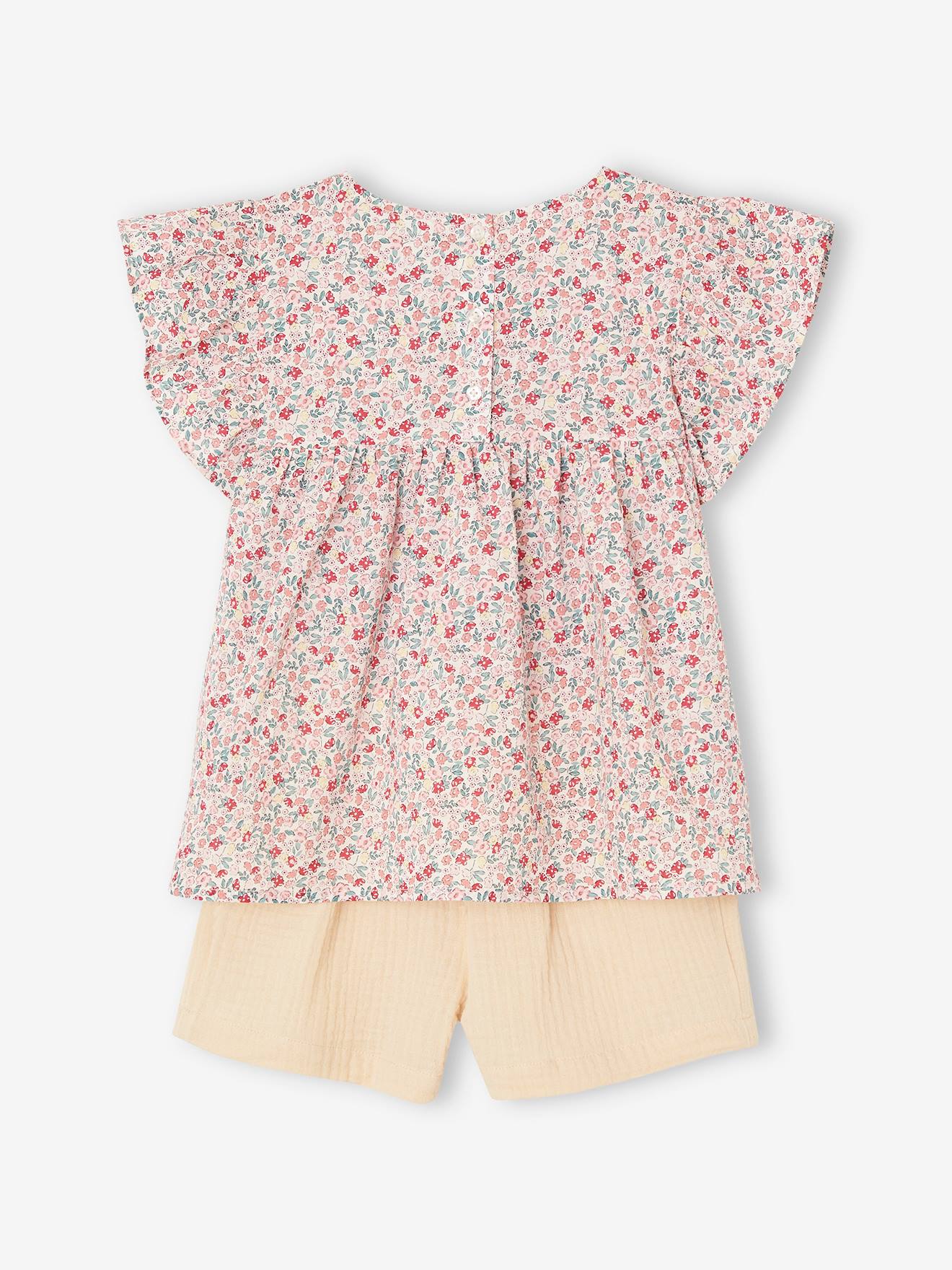 Vertbaudet Mädchen-Set: geblümte Bluse & Musselin-Shorts - pastellgelb