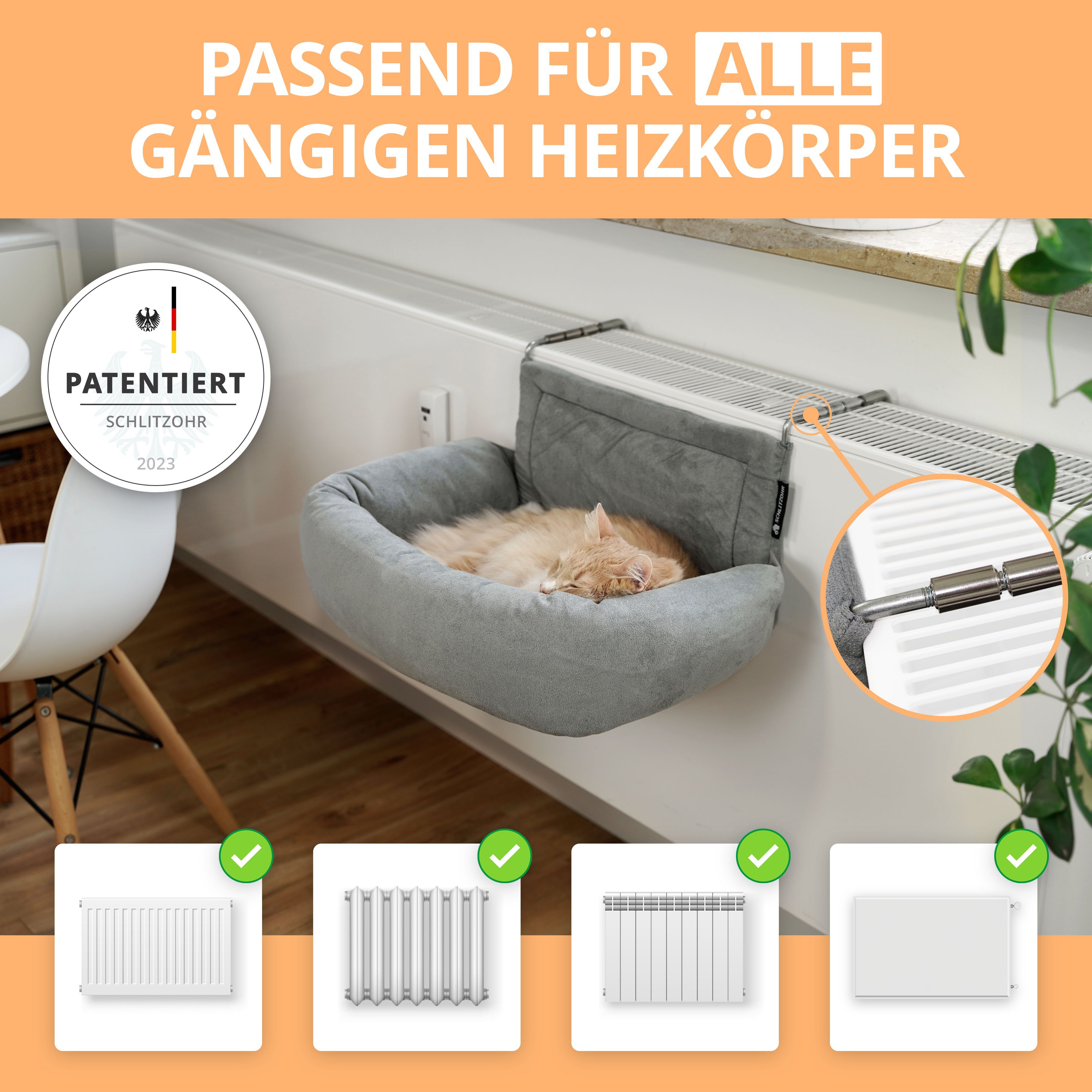 SCHLITZOHR Katzen-Hängematte Murphy, Mikrofaser, Heizungsliege, passt an ALLE Heizungen, stabil, waschbar, extra Kissen