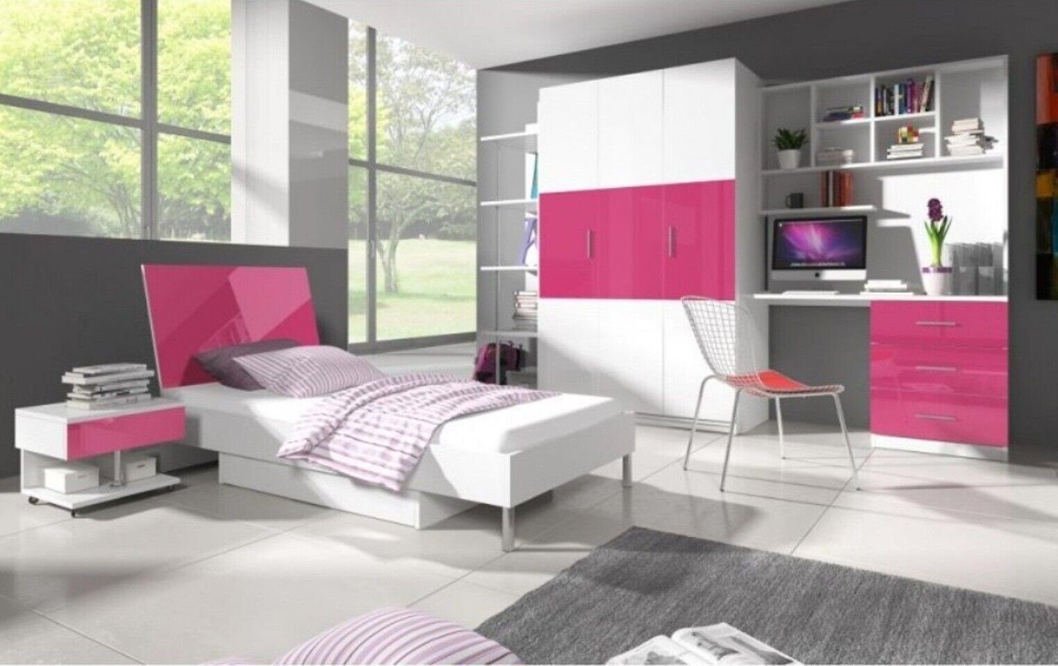 JVmoebel Jugendzimmer-Set Rosa Set Bett Nachttisch Schrank Schreibtisch Bücherregal Neu 5tlg.