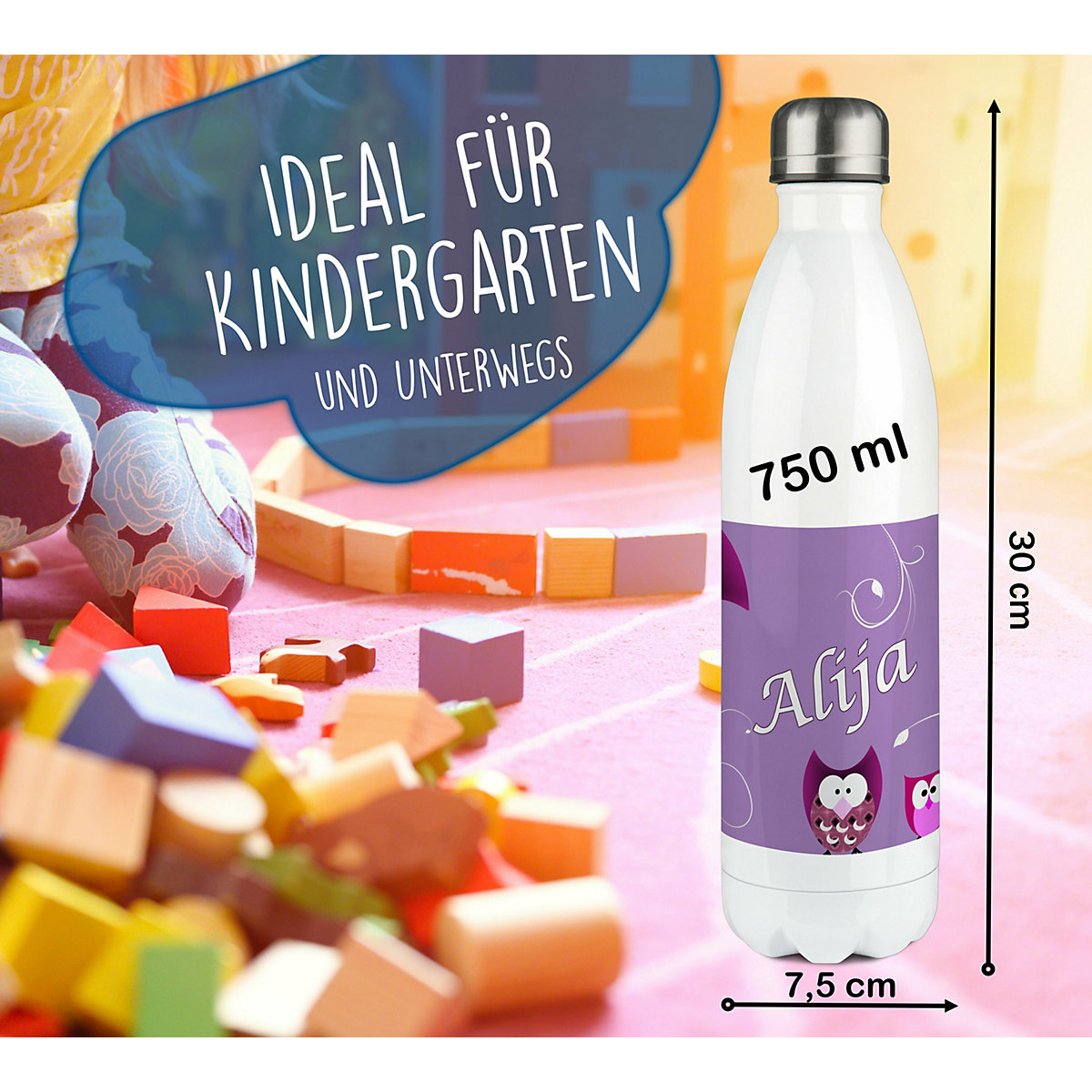 Edelstahl Kinder Thermoflasche / Trinkflasche bunt Eule Farbe lila Spülmaschinenfest, Auslaufsicher, Bruchfest, Doppelwandig, Für Heißgetränke geeignet, Mit Deckel, Isoliert