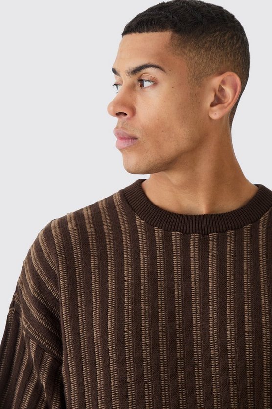 Oversized Crew Neck Two Tone Rib Knitted Jumper