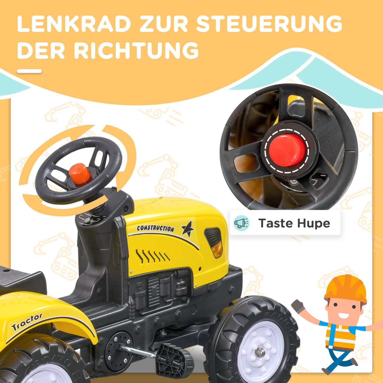 HOMCOM Trettraktor mit Anhänger Tretauto Traktor ab 3 Jahre Kinder Gelb