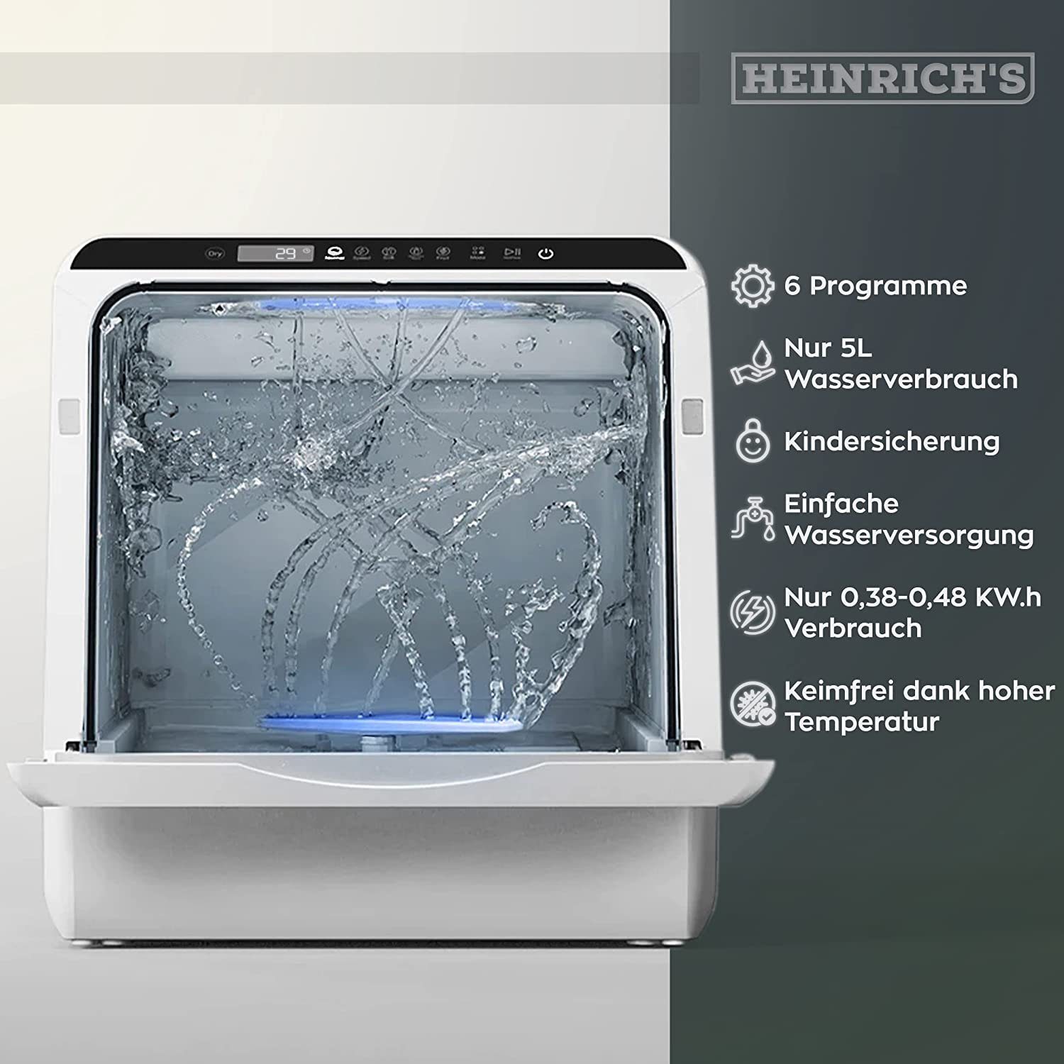 Heinrich´s Tischgeschirrspüler Mini Geschirrspüler, HTG 8841, 4,5 l, 2 Maßgedecke, 5 Programme, kompakt, 5L Wassertank, Mini Spülmaschine