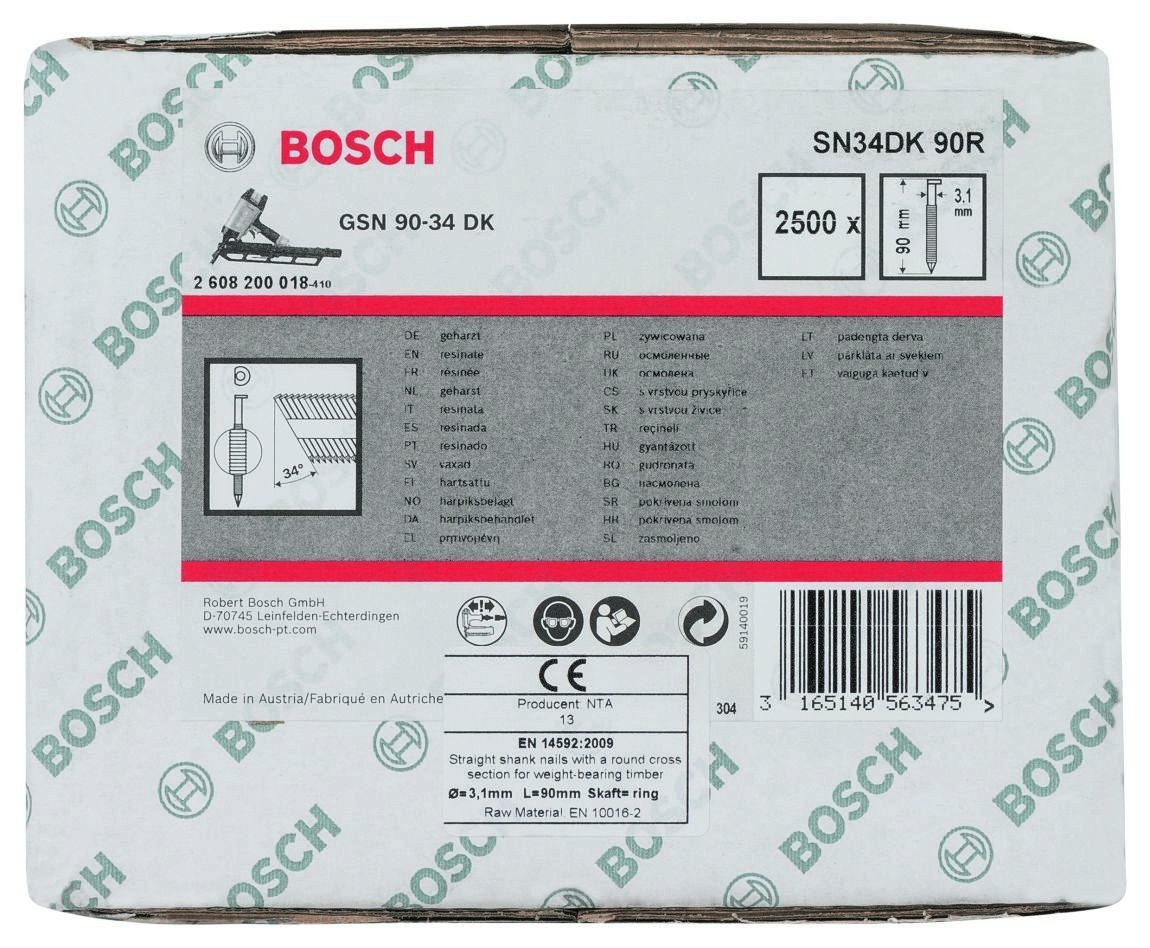 Bosch Blue Accessories 2608200018 SN34 DK 90R Gwoździe taśmowe 34° D-Head Plain Ring 90 mm 2500 sztuk