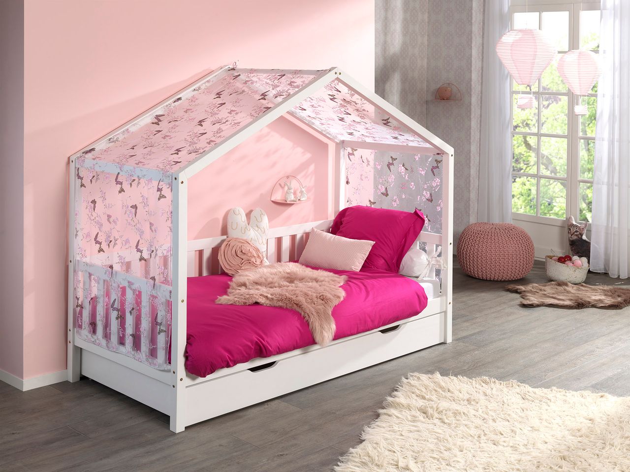 VIPACK Dallas 1 Hausbett mit seitlicher Umrandung 90 x 200 cm Liegefläche, Bettschublade und Textilhimmel, Weiß