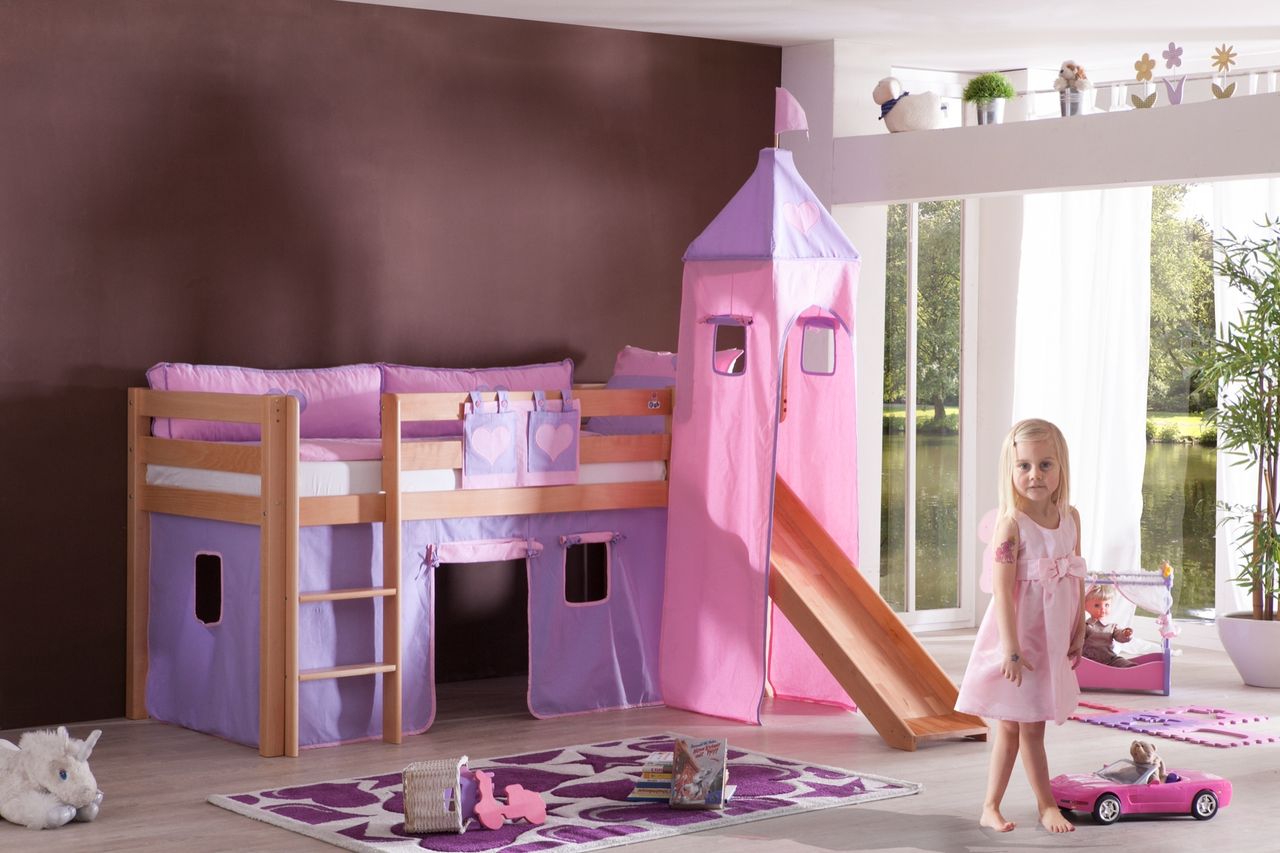 Relita Halbhohes Spielbett ALEX mit Rutsche/Turm Buche massiv natur lackiert mit Stoffset purple/rosa