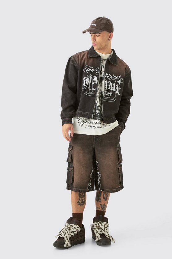 Kastige Jeansjacke mit Homme-Stickerei