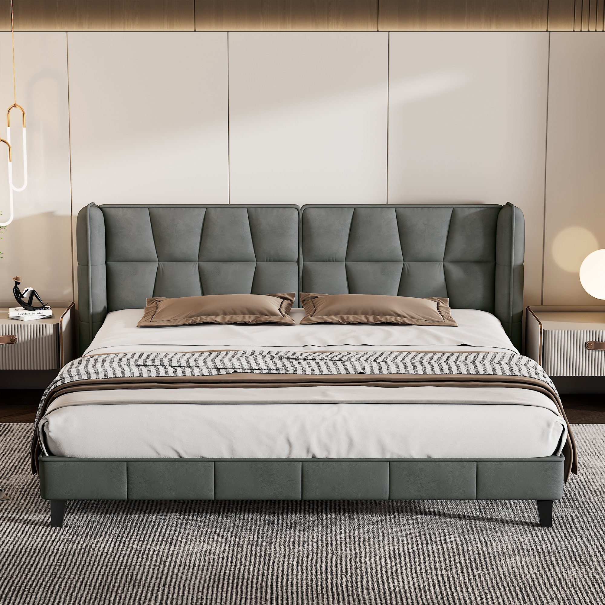 Flieks Polsterbett, Doppelbett mit Lattenrost und Kopfteil Samt 160x200cm