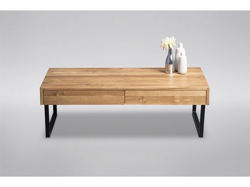 möbelando Couchtisch Livvyy, Moderner Couchtisch, Tischplatte aus Massivholz in Wildeiche geölt, Gestell aus Metall in Schwarz mit 2 Schubkästen. Breite 110 cm, Höhe 35 cm, Tiefe 60 cm