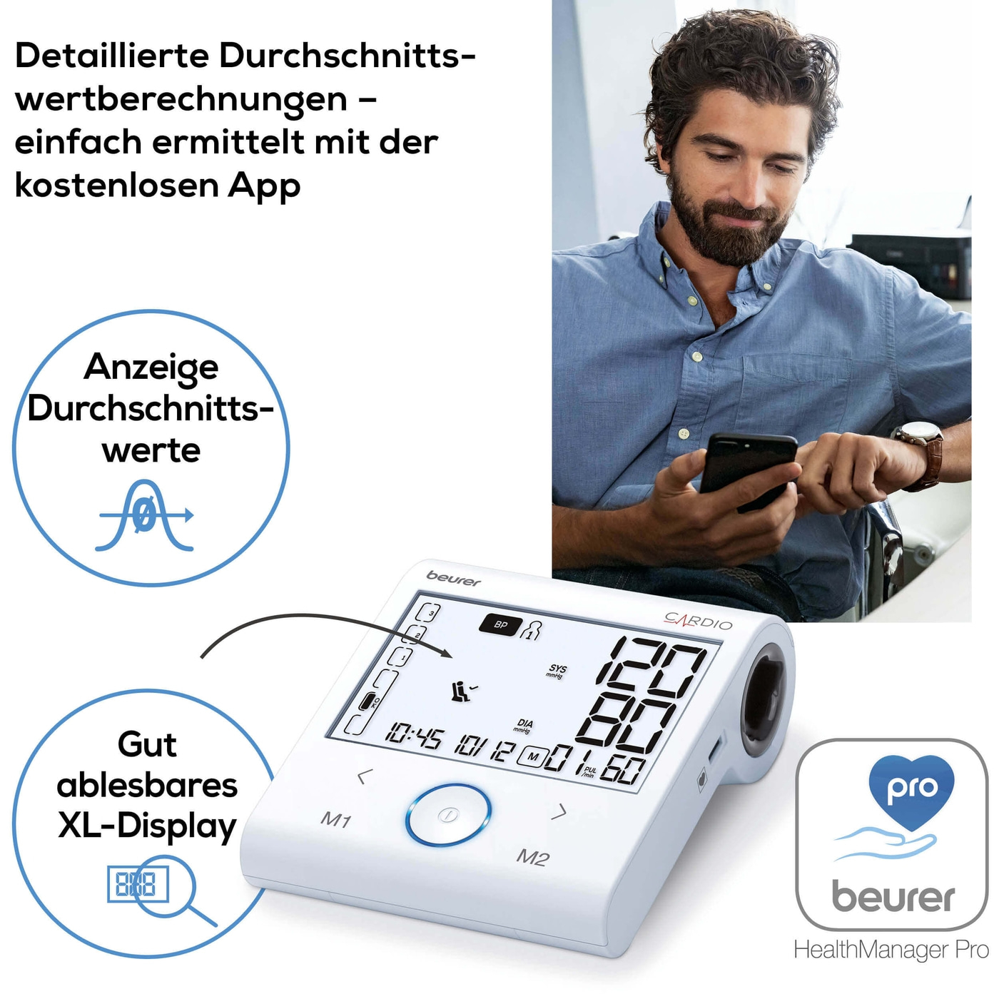 Beurer Blutdruckmessgerät mit EKG-Funktion BM 96 Cardio-Bluetooth® Oberarm-Blutdruckmessgerät mit EKG-Stick & Cardio-App-Anbindung