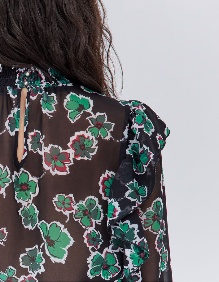 Blouse noire imprimé maxi floral à volants Femme