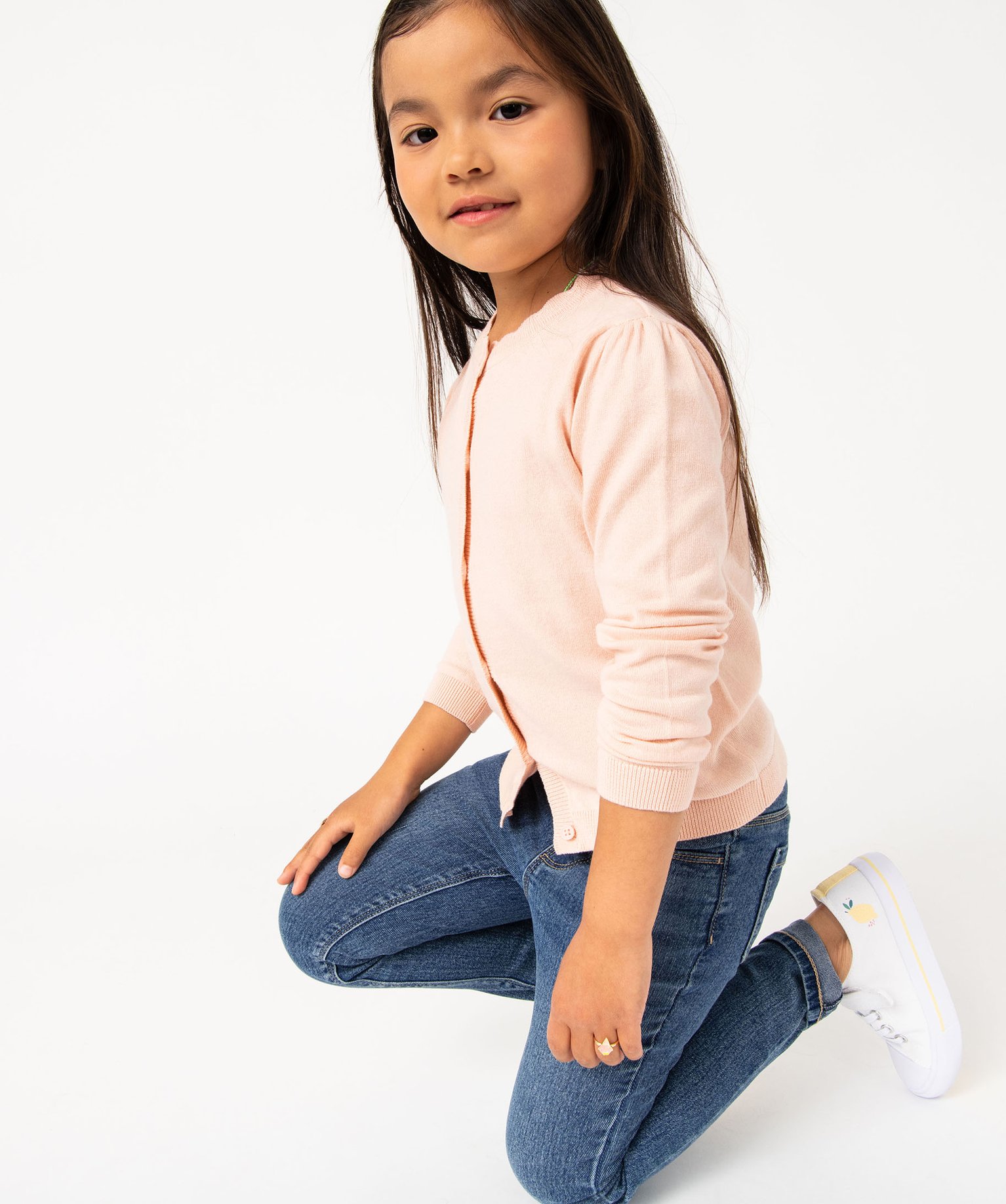 Gilet fille en maille fine à col fantaisie rose | GEMO