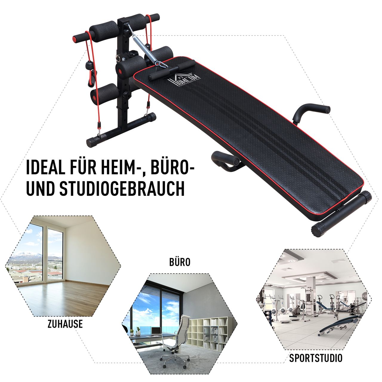 HOMCOM Sit Up Bank Bauchtrainer Trainingsbank Fitnessbank inkl. Widerstandsbände Schwarz   Rot 55,5 x 137,5 x (50–68) cm 120 kg Belastbarkeit