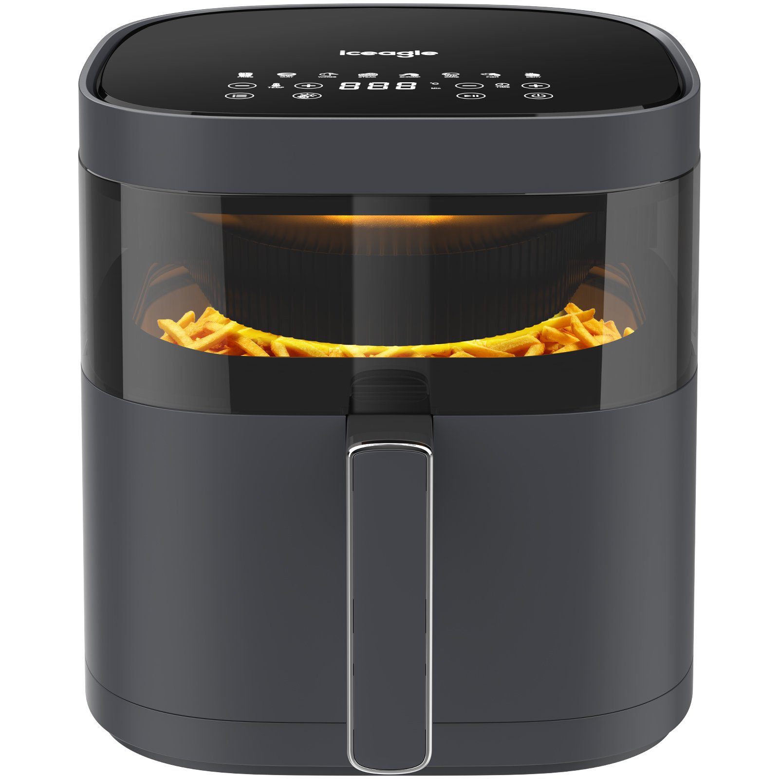 iceagle Heißluftfritteuse AirFryer KDF-615A 6.7L Heißluftfritteuse Luftfritteuse, 1700,00 W, Sichtbares Sichtfenster, 8 Voreingestellte Funktionen, Digitalem LED-Touchscreen, Einstellbare Temperaturregelung, Grau