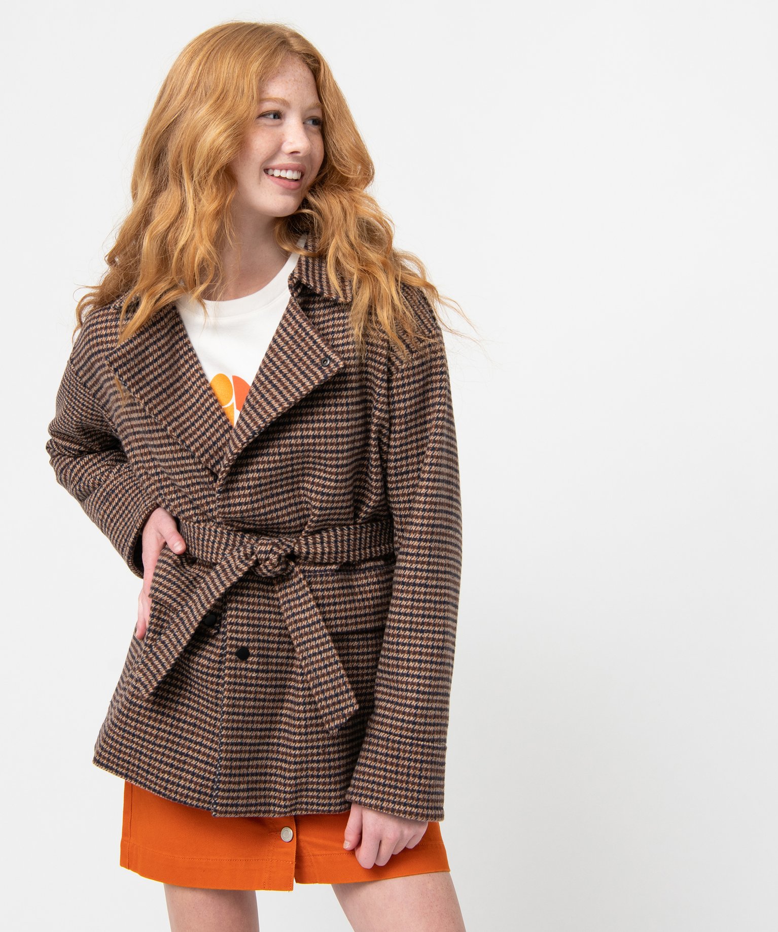 Manteau court femme à motif pied de poule marron clair | GEMO