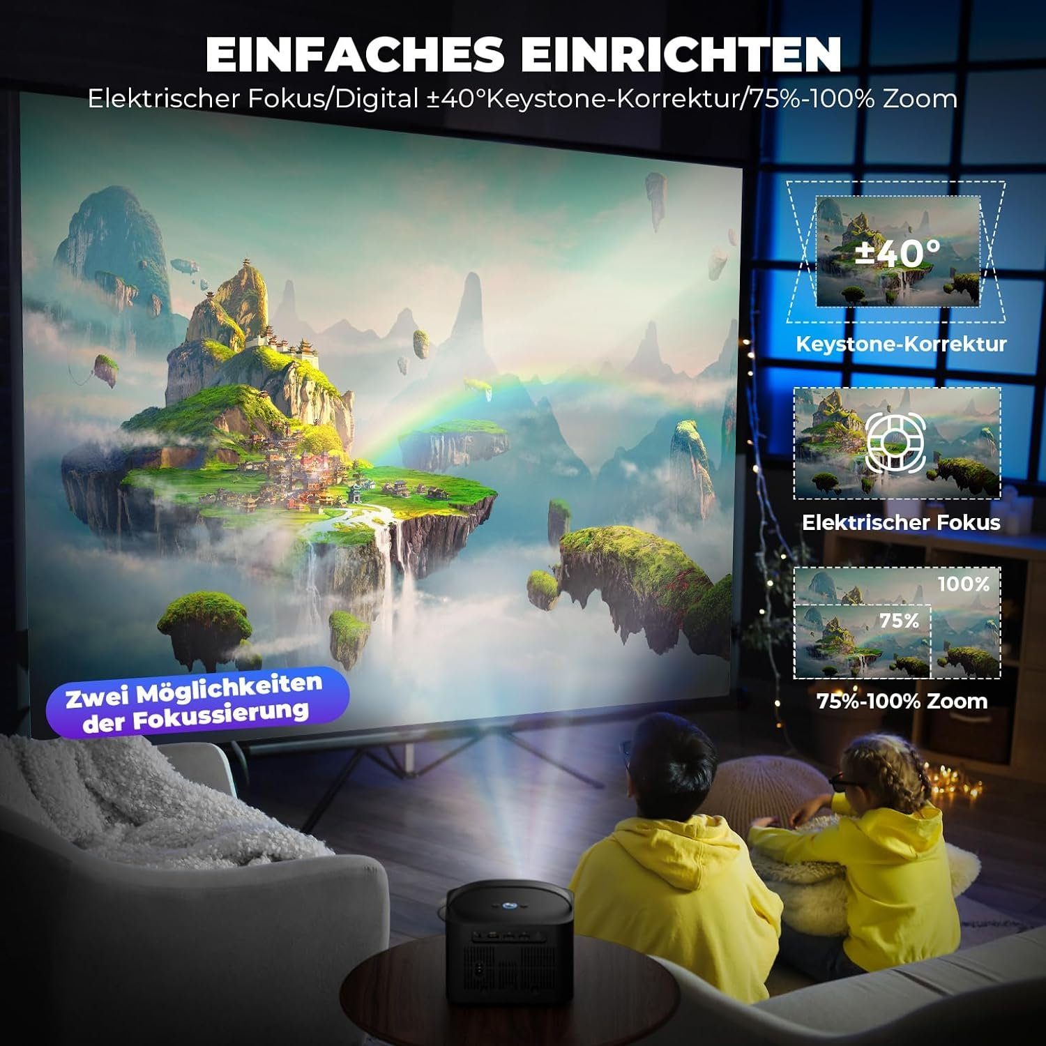 DEERFAMY 1080P 4K unterstützt ±40° Trapezkorrektur Portabler Projektor (15000 lm, 15000:1, Maximal 120
