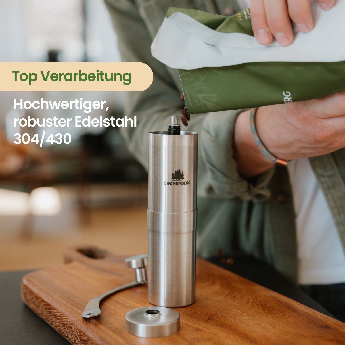 GRØNENBERG Kaffeemühle manuell, Edelstahl Handkaffeemühle, Manuelle Kaffeemühle mit Keramikmahlwerk, 35,00 g Bohnenbehälter, Stufenlos, präzise einstellbar