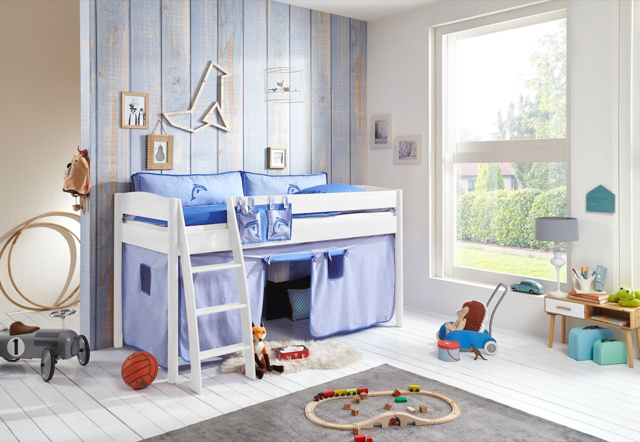 Relita Halbhohes Bett MICHELLE 90 x 200 cm Buche massiv weiß lackiert, mit Textilset blau/delfin