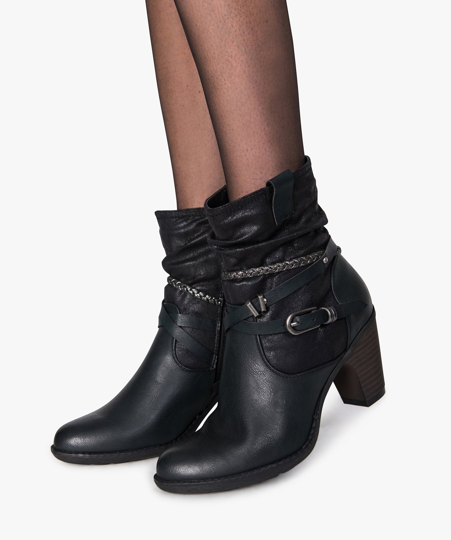 Bottines femme à talon tige plissée et brides fantaisie noir | GEMO