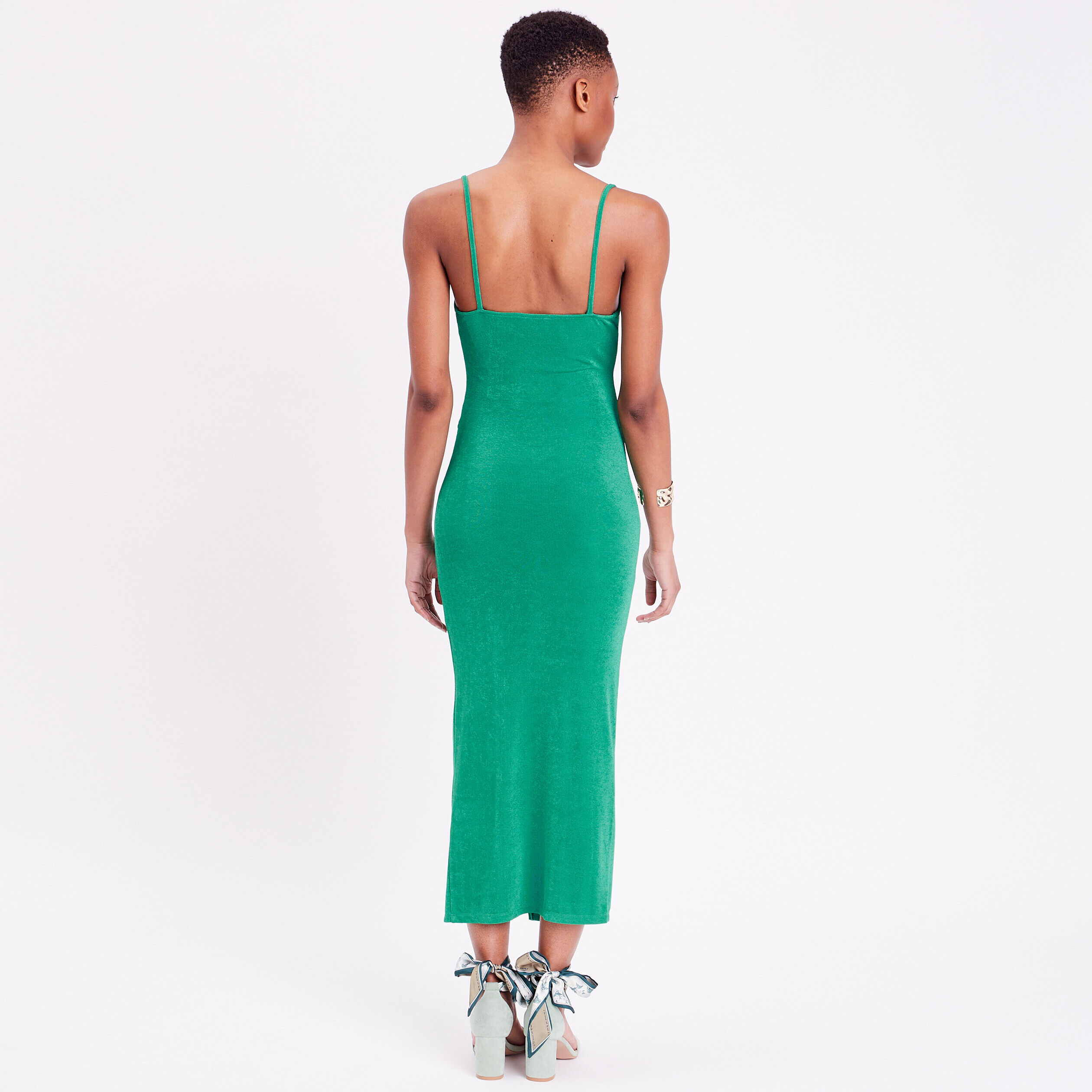 Robe longue ajustée satin vert femme | Cache Cache