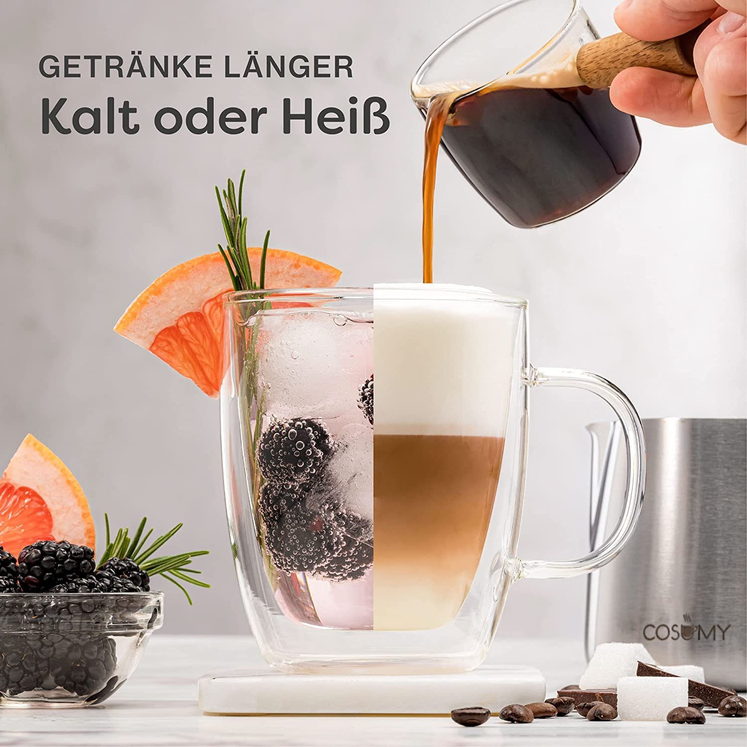 Cosumy Gläser-Set 4 Latte Macchiato Gläser doppelwandig mit Henkel 350ml, Glas, Für Latte Macchiato - Spülmaschinenfest - Hält lange warm