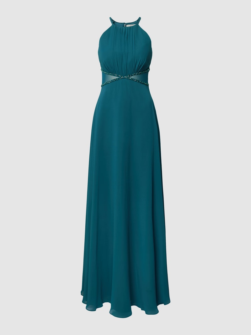 Abendkleid mit amerikanischem Ausschnitt in dunkelgrün meliert