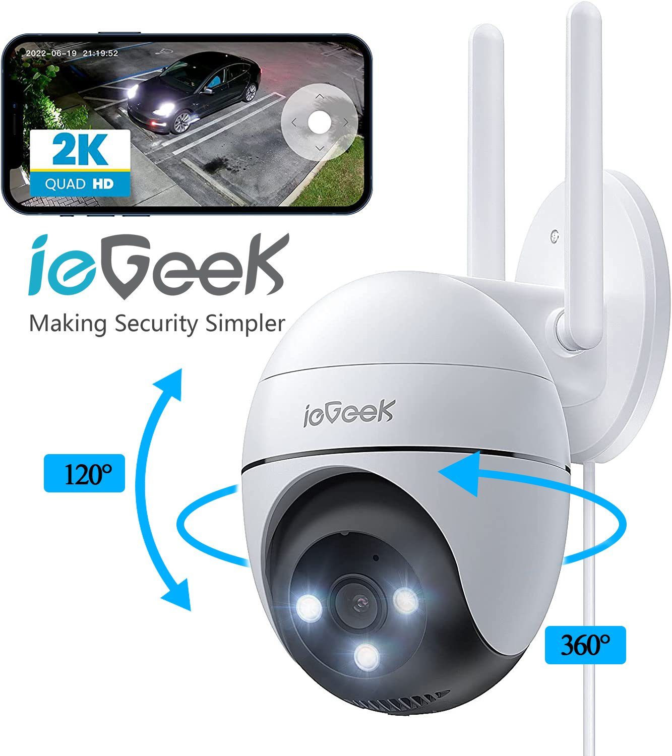 ieGeek ieGeek 2K Überwachungskamera Aussen WLAN PTZ IP Kamera überwachung Überwachungskamera (AuBenbereich, Outdoor, auBen, Videoverlauf,Mit der Familie teilen,All-in-1 APP, WiFi Dome Camera,Farbiger Nachsicht,Bewegungserkennung,Zwei-Wege-Audio, Mens