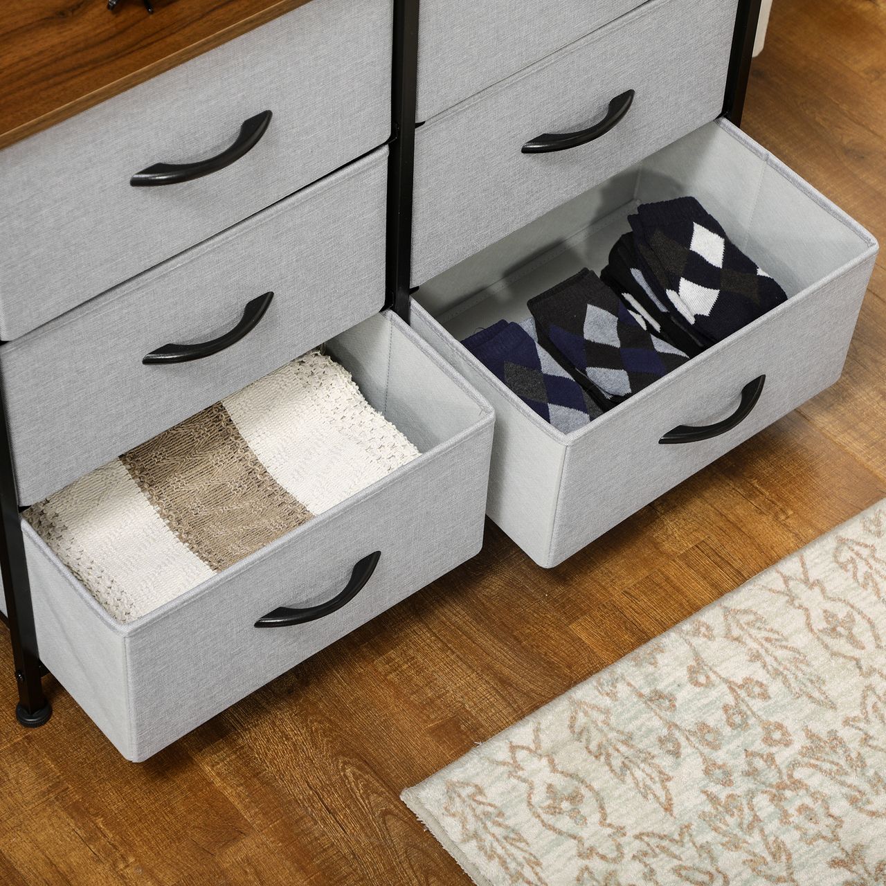 HOMCOM Kommode Schubladenschrank Sideboard mit 6 klappbaren Stoffschubladen Grau
