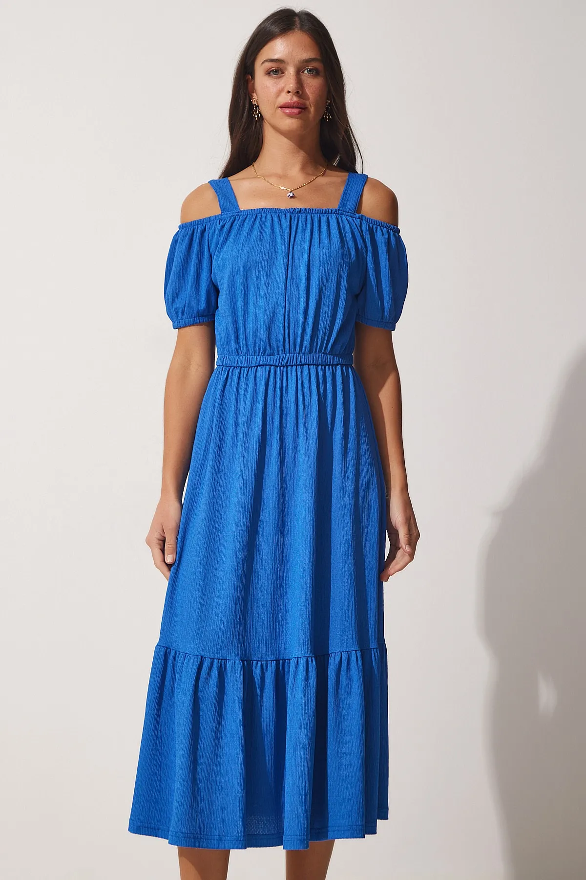 Happiness İstanbul  Dunkelblaues trägerloses Sommer-Strickkleid für Damen AP00182