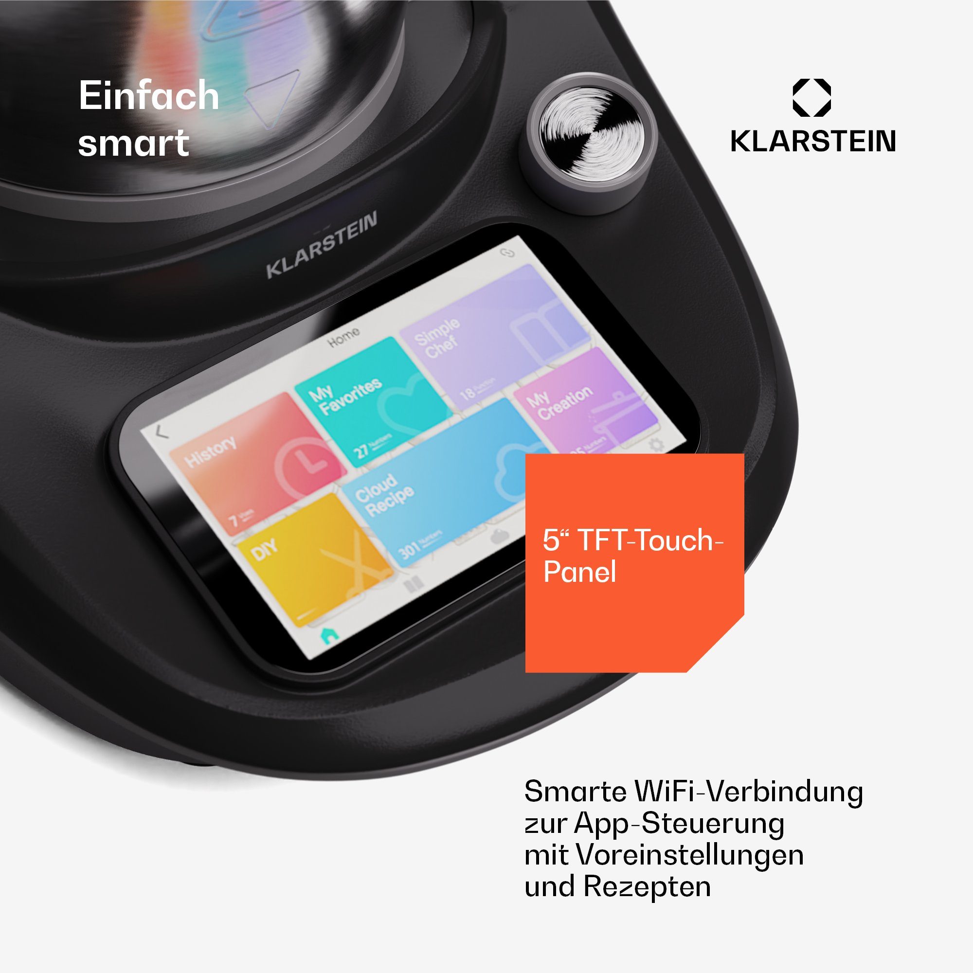 Klarstein Küchenmaschine mit Kochfunktion Aria Select Smart, 1700 W, 4.7 l Schüssel, Dämpfaufsatz Waage 4,7 L Edelstahl Touch App