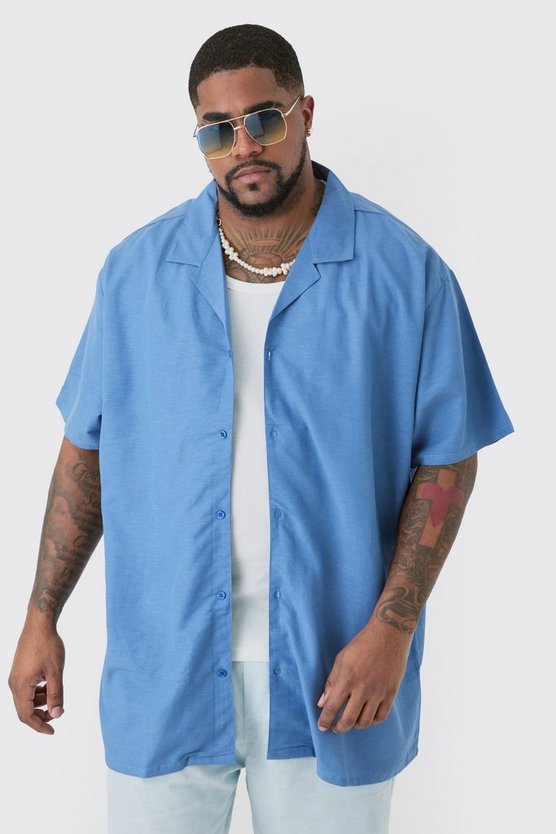 Plus Oversize Leinen-Hemd in Blau