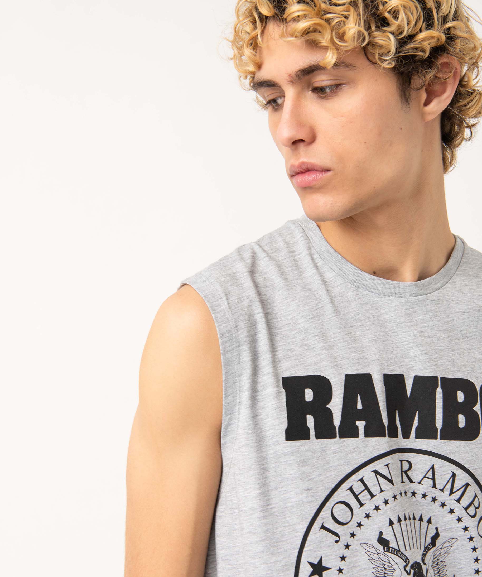 Tee-shirt homme sans manches imprimé - Rambo gris clair | GEMO