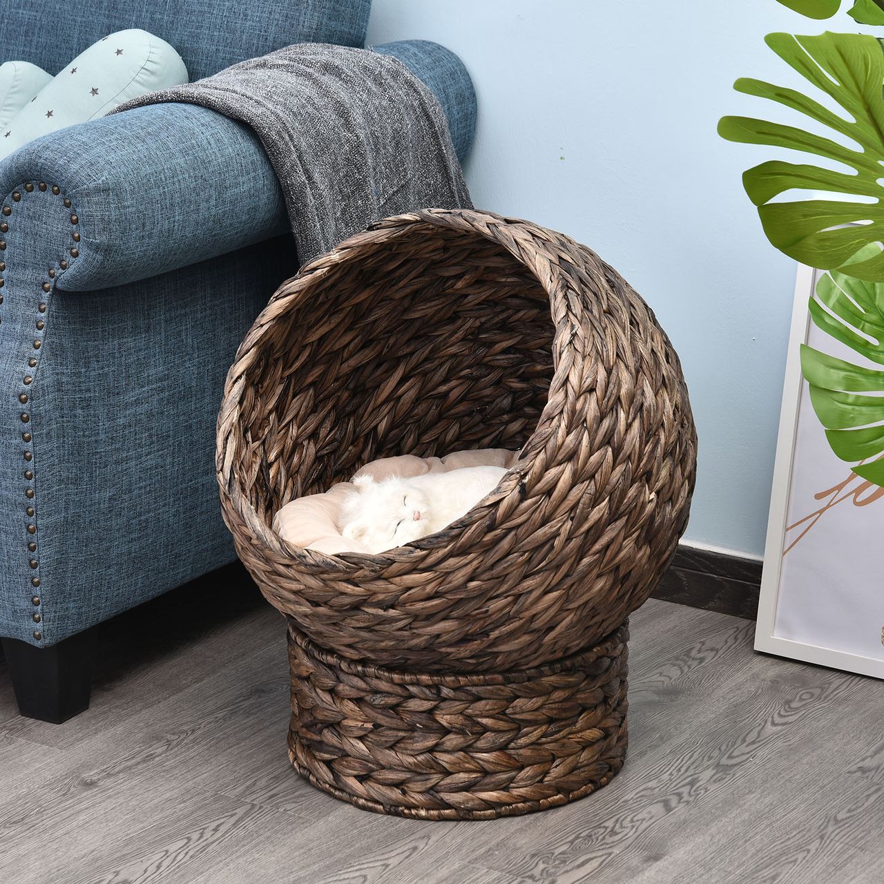 PawHut Rattan Katzenkorb Katzenhütte Katzenhöhle mit Kissen Haustierbett Braun