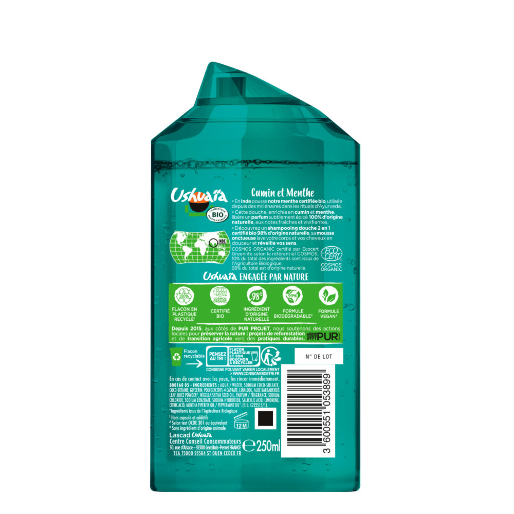 ushuaïa Ushuaïa Shampooing douche certifiée BioCumin Noir & Menthe 250ml Shampooing Douche certifiée BIO Cumin Noir & Menthe