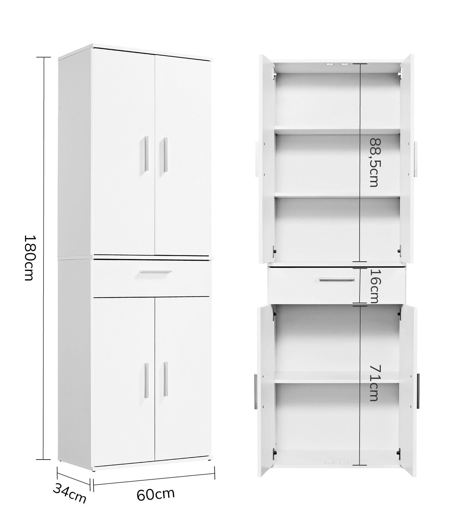 mokebo Mehrzweckschrank Der Praktische (180cm Höhe) Apothekerschrank, Vorratschrank, Schuhschrank, Küchenschrank Weiß