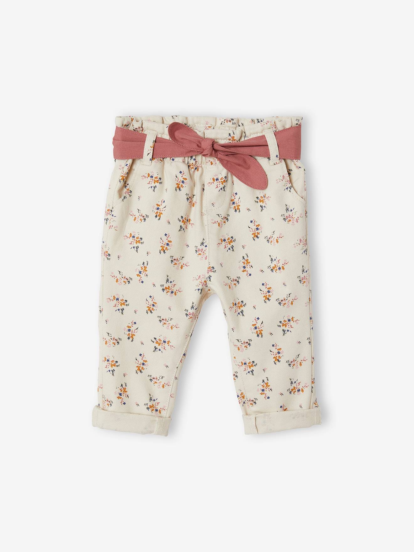 Pantalon paperbag bébé avec ceinture beige clair imprimé