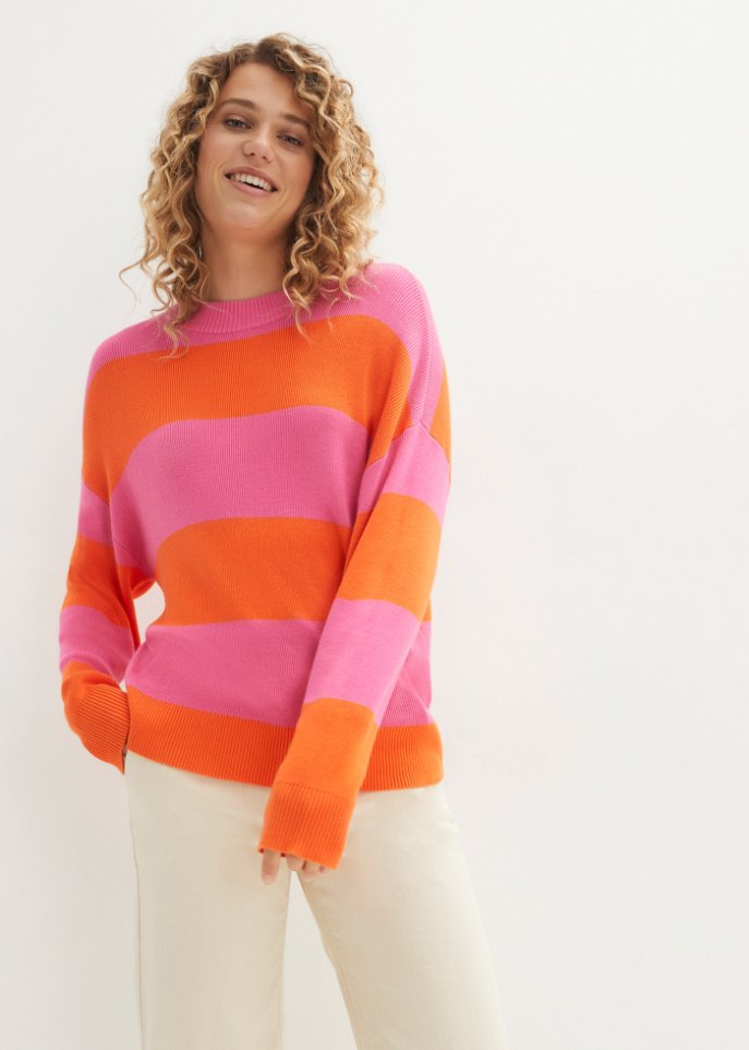 Rundhals-Feinstrickpullover mit Blockstreifen