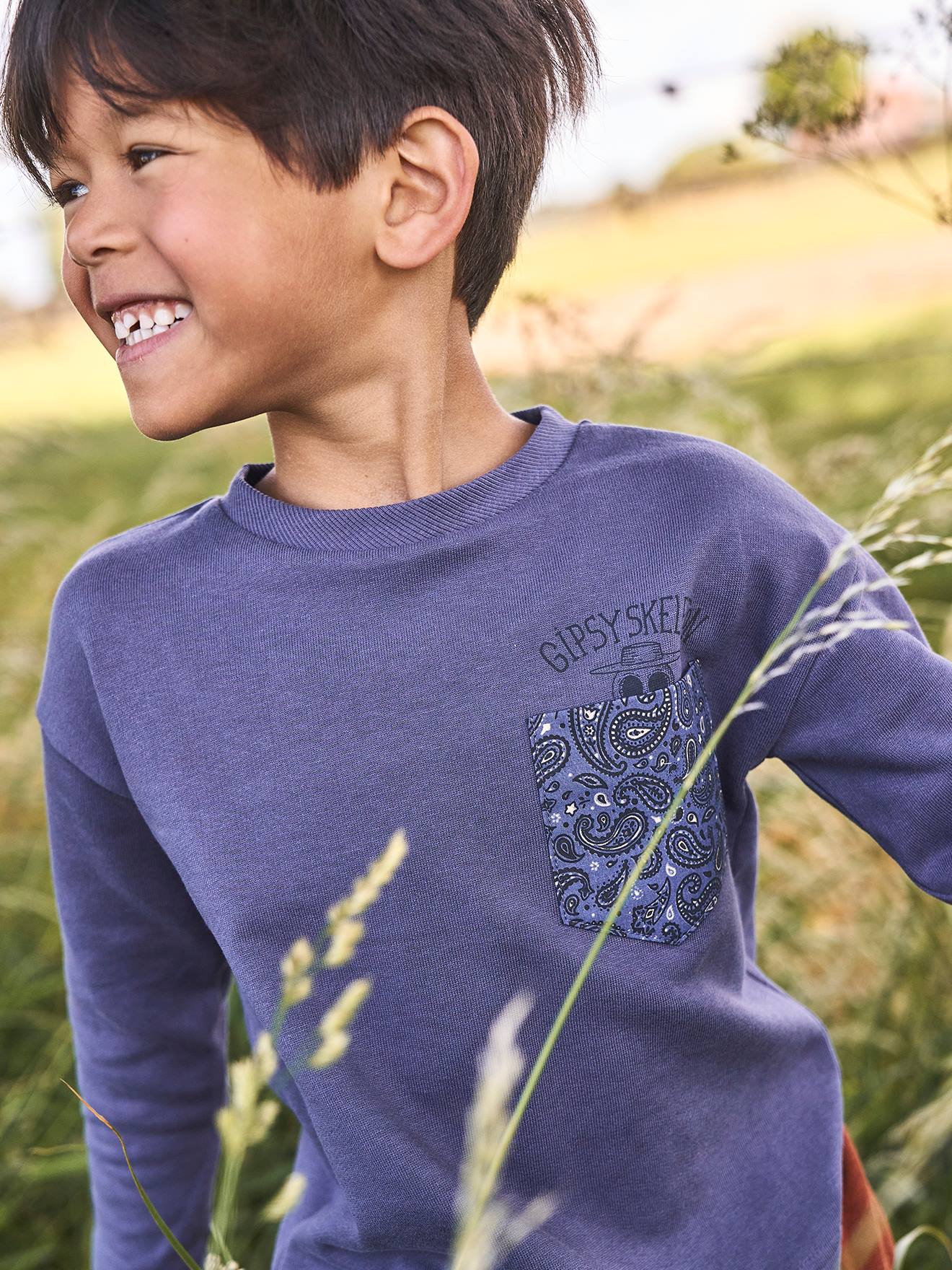 Tee-shirt épais effet sweat garçon poche surprise bleu grisé