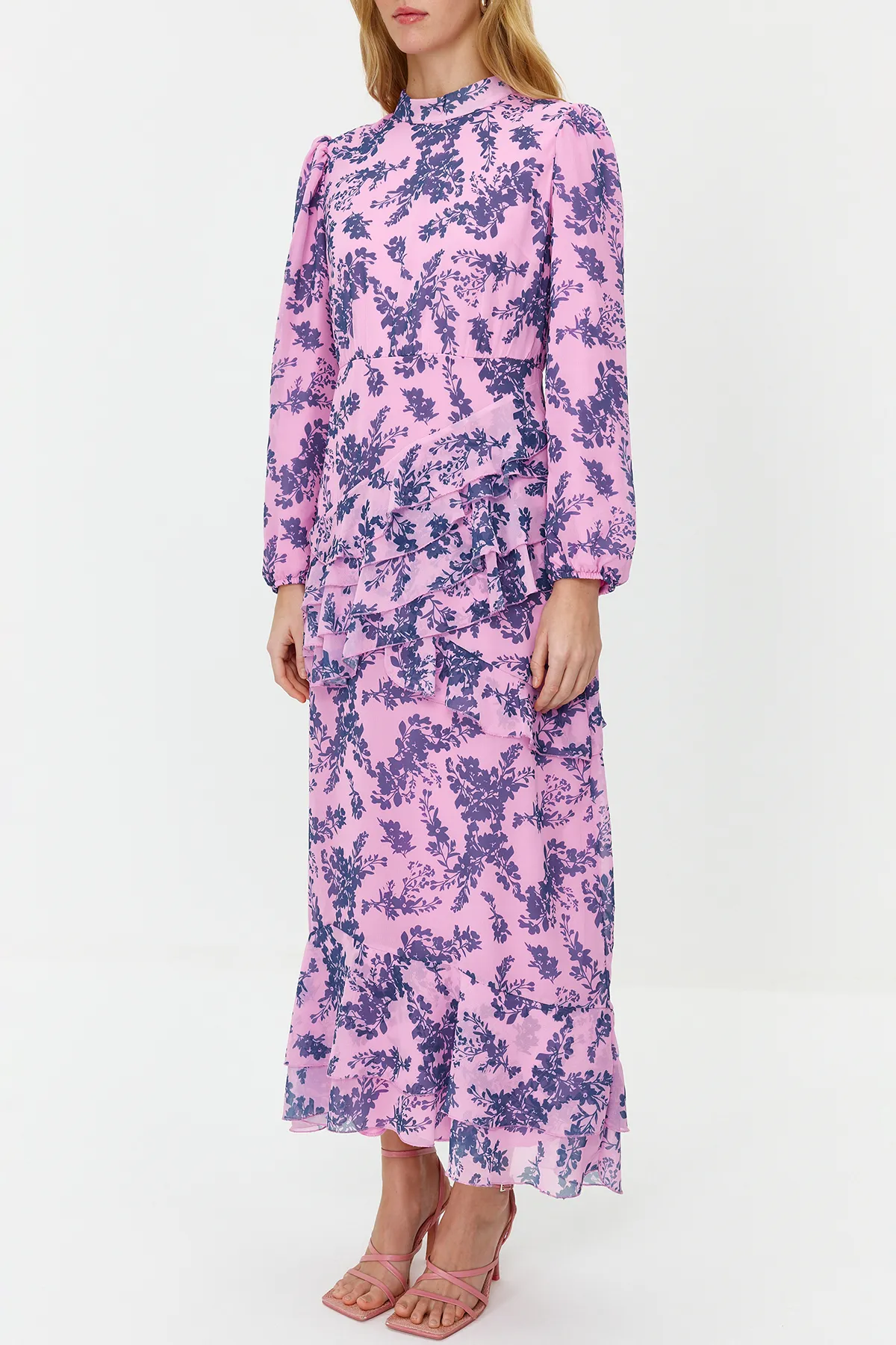 Trendyol Modest  Lilafarbener Blumenrock, gerüschtes, gefüttertes Kleid aus gewebtem Chiffon TCTSS23EB00160