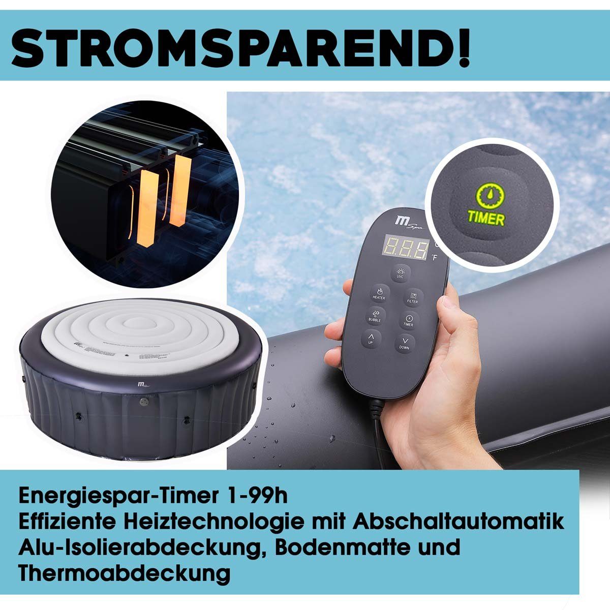 mSpa Whirlpool BRAST aufblasbar Otium für 6 Personen 185x185x68cm In- Outdoor Pool, (125 Massagedüsen Timer Heizung Aufblasfunktion per Knopfdruck), Bubble Spa Wellness Massage