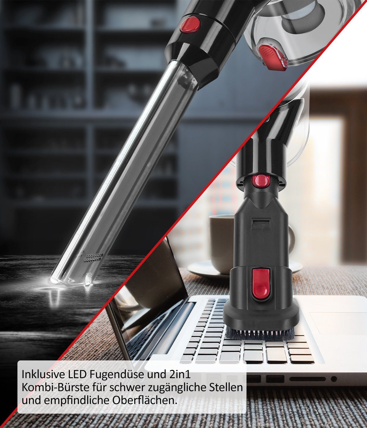 Genius Akku-Hand-und Stielstaubsauger Invictus X9 Facelift Kabellos 12-tlg., Akkustaubsauger Kabellos, Beutellos HEPA 3 Fach Filtersystem, LED Wandhalterung bis zu 55 Min für Hartböden Teppich Tierhaare