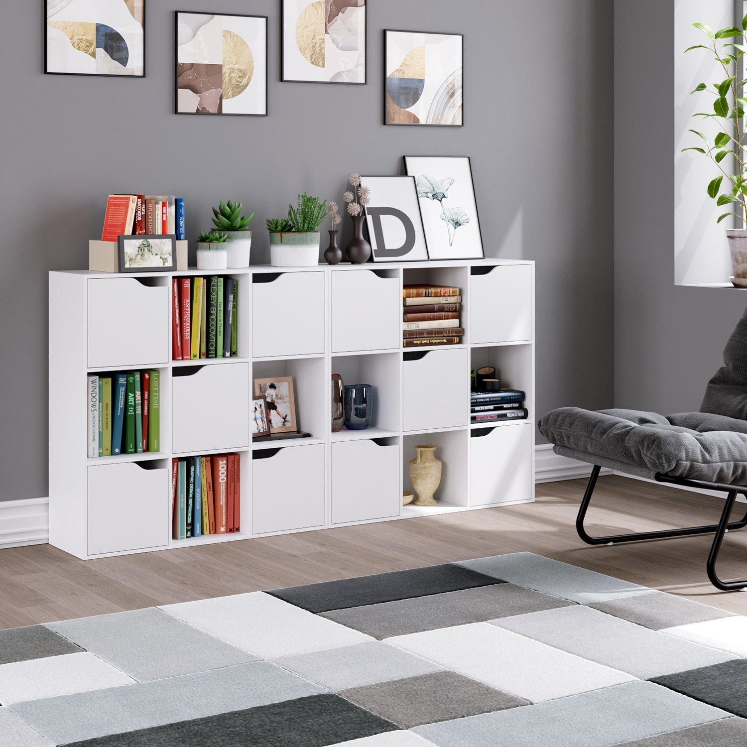 Homfa Bücherregal, Standregal, Raumteiler mit 9 Fächern 5 Türen, Weiß