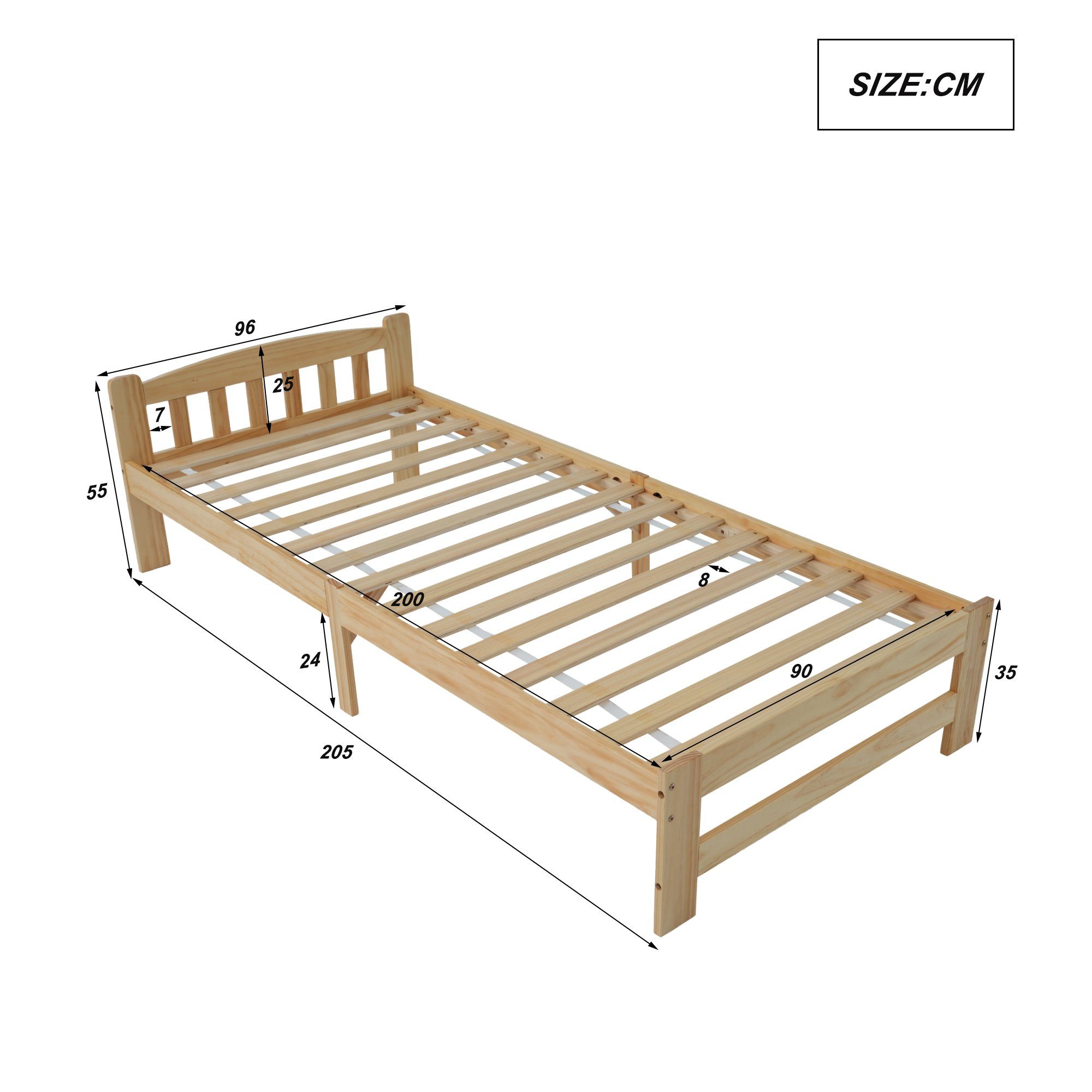 Fangqi Massivholzbett Massivholz Natur Bett mit Kopfteil und Lattenroste, 90/140x200cm,Natur, Solide Futonbett, Jugendbett, Erwachsenenbett