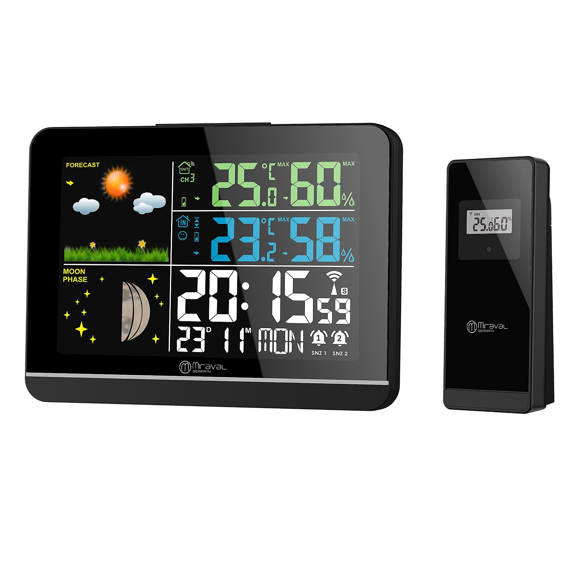 Miraval Miraval Wetterstation Farbdisplay Funkwetterstation (Außensensor Schimmelwarner Datumsanzeige Mondphase Frostalarm Wecker)