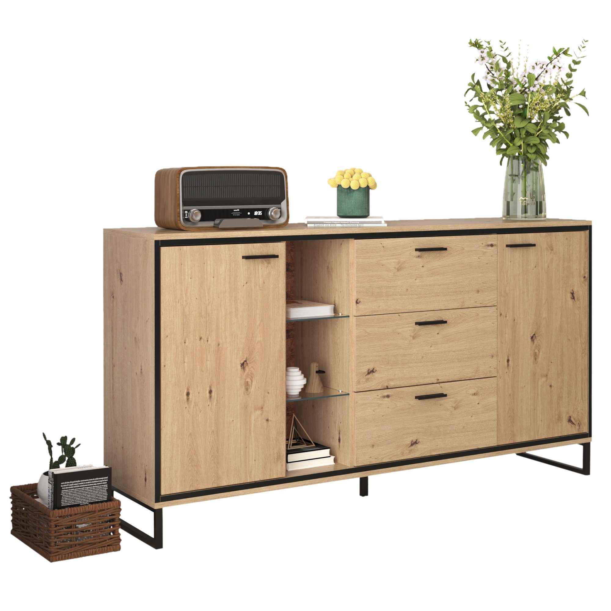 Merax Sideboard mit LED-Beleuchtung und Glasablagen, Kommode Holz mit großem Stauraum und verstellbare Einlegeböden